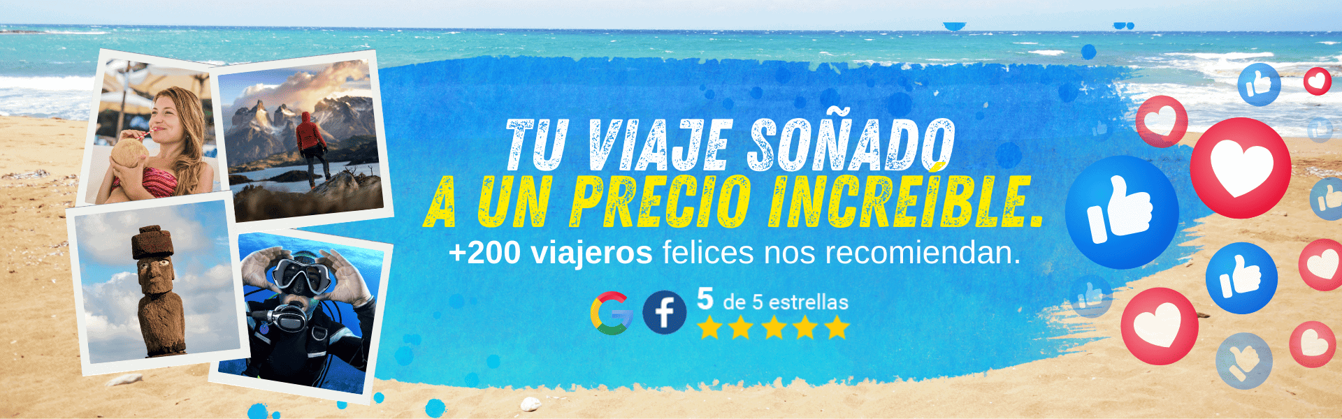 Playas con olas y arena en un destino turístico, con fotografías de personas disfrutando en la playa, montañas y actividades de aventura, ideal para vacaciones en Chile.